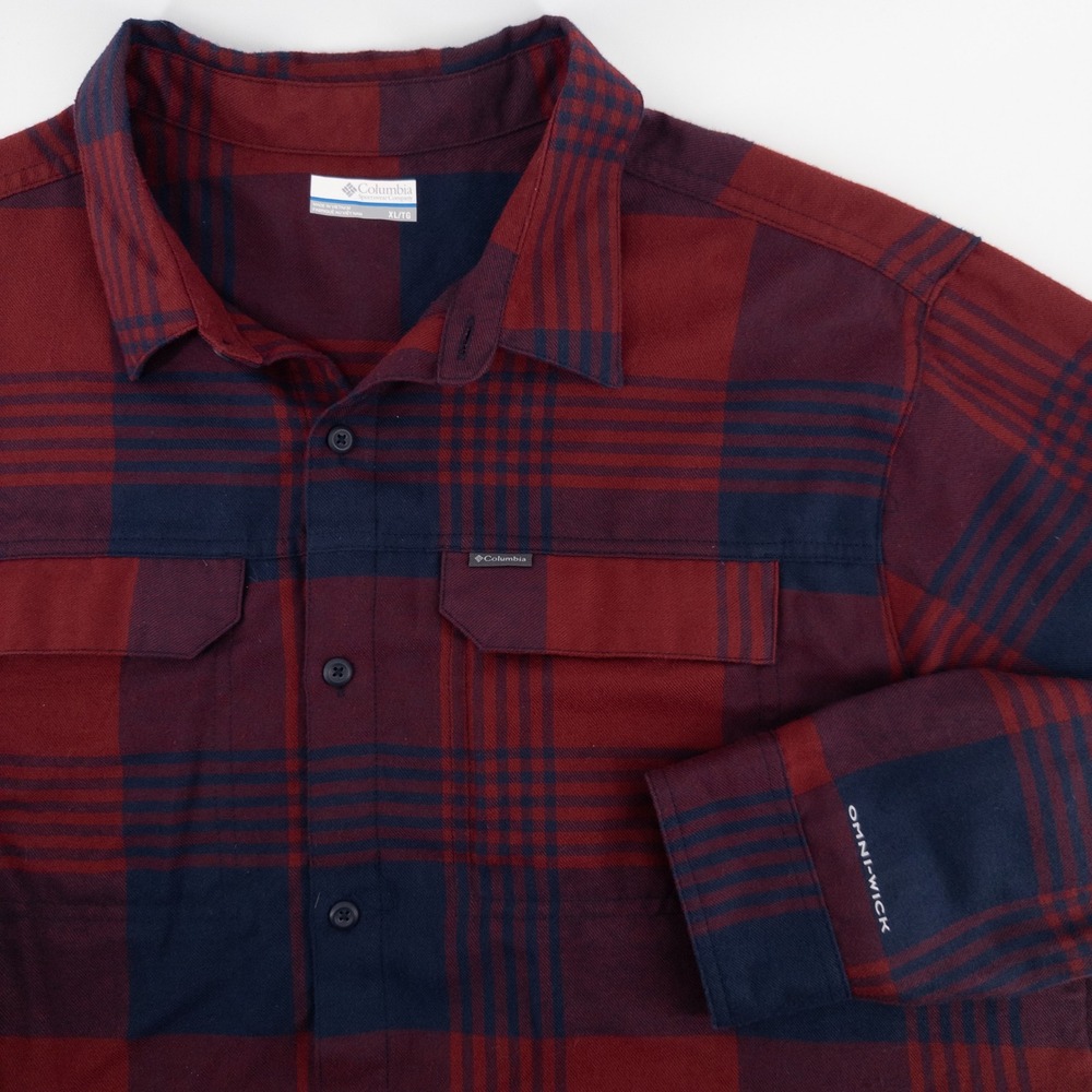Columbia Mens XL Shirt Burgundy Navy Plaid Omni-Wick AM0202 Gorpcore Hiking